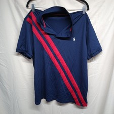 Polo Ralph Lauren Navy Blue Red Stripe Men Size XL Collared Short Sleeve Shirt