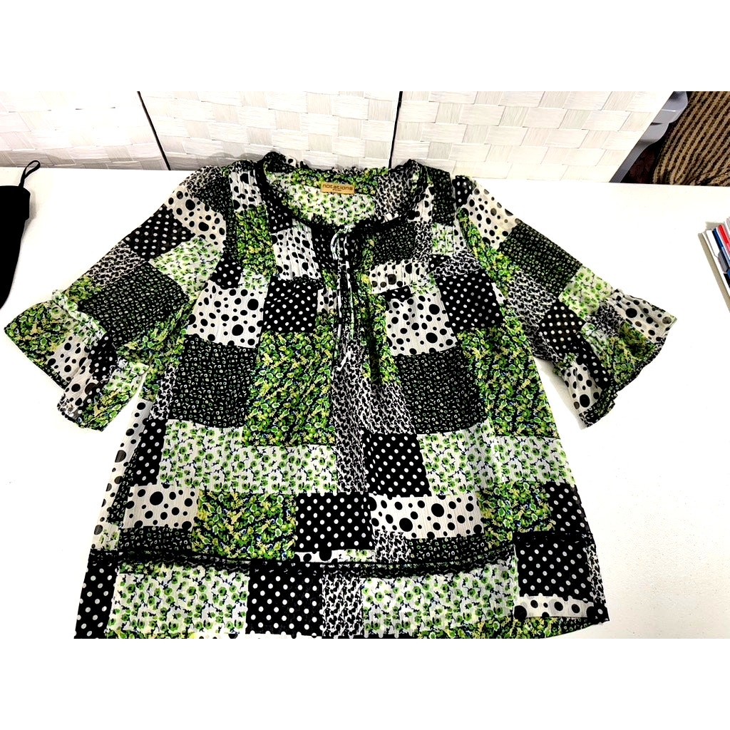 "Notations" Patchwork Sheer Blouse, TIe in Front,… - image 4