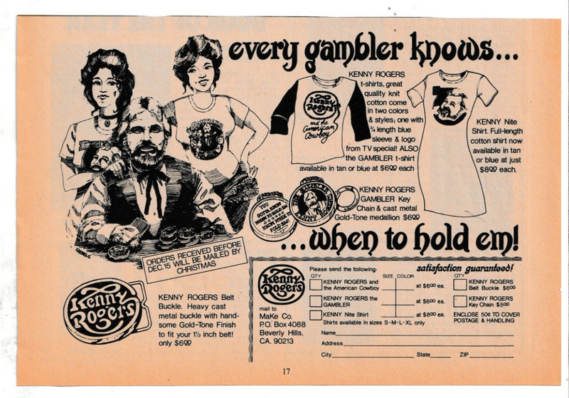 KENNY ROGERS T-Shirts Belt Buckle Key Chain Every Gambler Knows sales 1979 ad