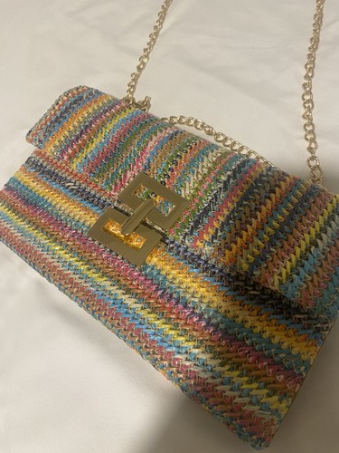 Neutral Rainbow Woven Shoulder Satchel with Chain Accents Gold Hardware Clasp - Picture 1 of 5