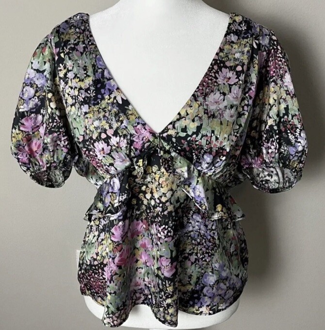 NWT New Topshop Floral V-Neck Open Back Crop Peplum Top Size 10 US