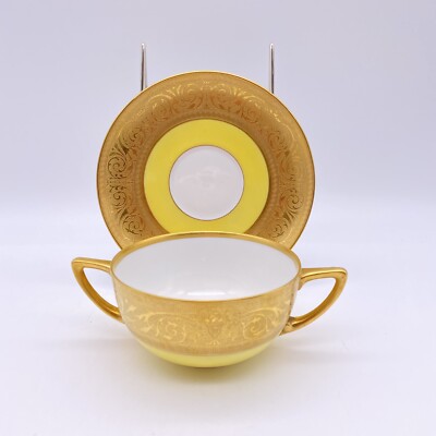 Hutschenreuther Two Handled Soup Tea Cup & Saucer Royal Bavarian Gold Yellow