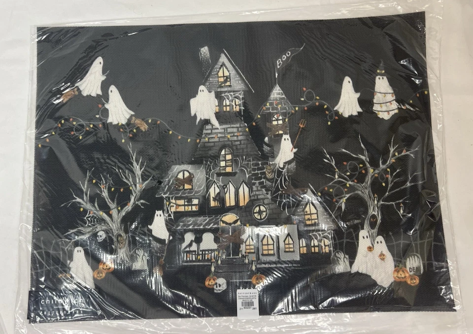 Pottery Barn Chilewich Halloween Place Mats Scary Squad Set 4 Black Ghosts - Image 2 of 4