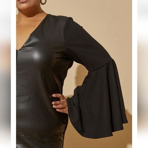 Bodycon Dress 22 24 Curvy Modest Black Vegan Faux Leather Flutter Ashley Stewart - Picture 4 of 5