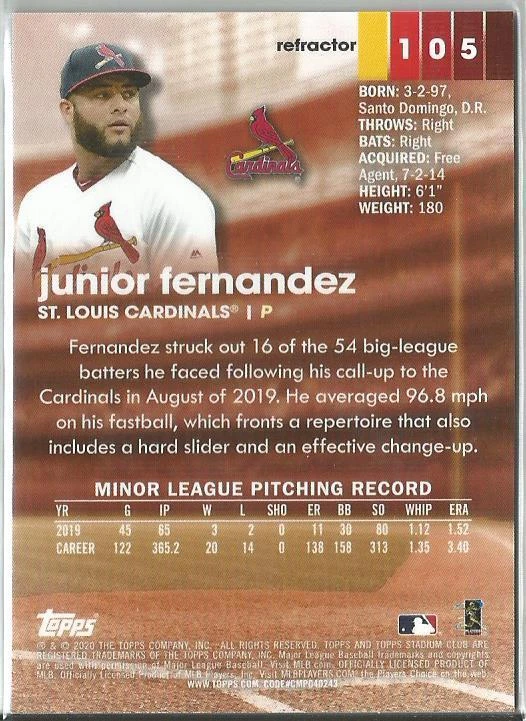 Junior Fernandez 2020 Topps Stadium Club Chrome Rookie Card Refractor #105 - Image 2 of 2
