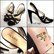 PRADA PATENT LEATHER BLACK SUEDE STRAPPY HEELS STILETTO ITALY 38 W/ Dust Bags