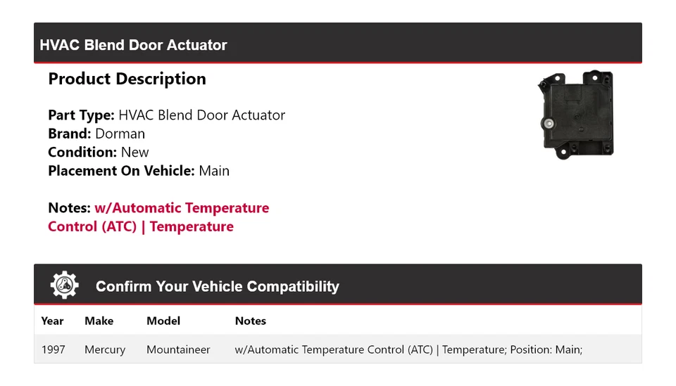 Actuador de puerta principal Mercury Mountaineer Dorman 1997 mezcla de climatización Foto 2 de 4
