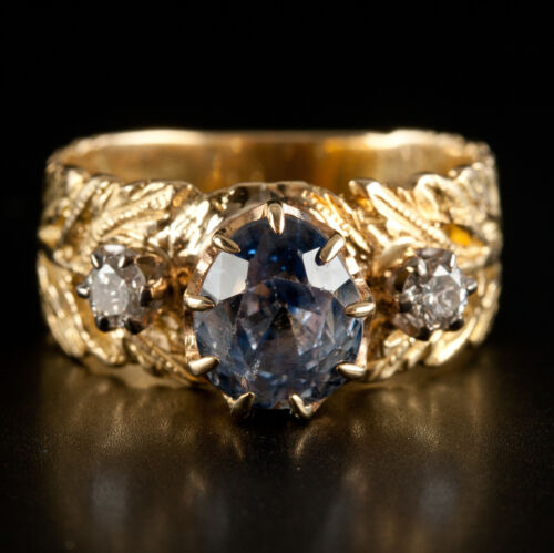 Vintage 18k Yellow Gold 1900's Cornflower Blue Sapphire & Diamond 