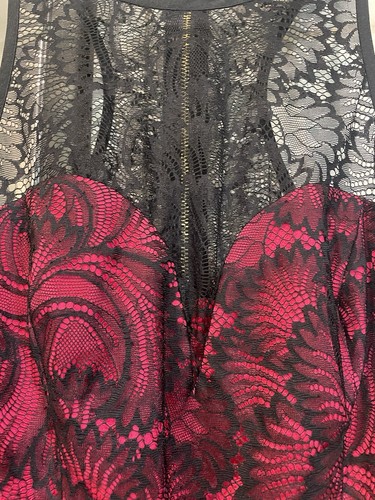 New BEBE Sz Small Red w/Black Lace Dressy Peplum Racerback Back Zip top Blouse - Picture 7 of 11