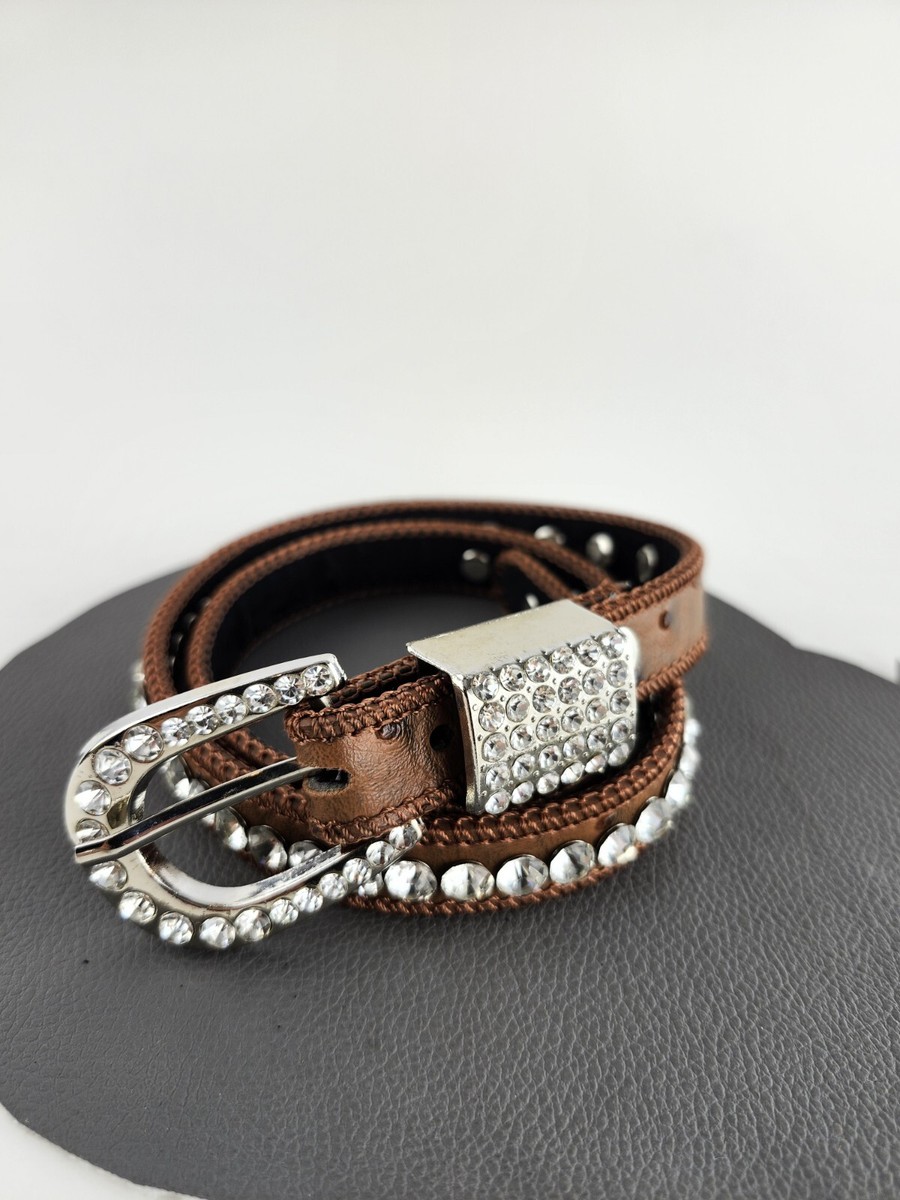Brown Leather Belt Western Rhinestone Bling Womens Size Small 25