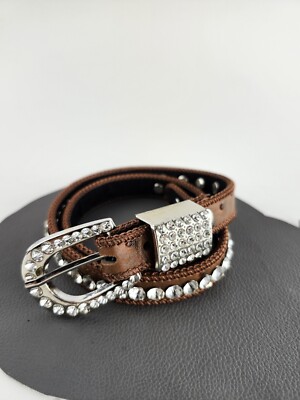 Brown Leather Belt Western Rhinestone Bling Womens Size Small