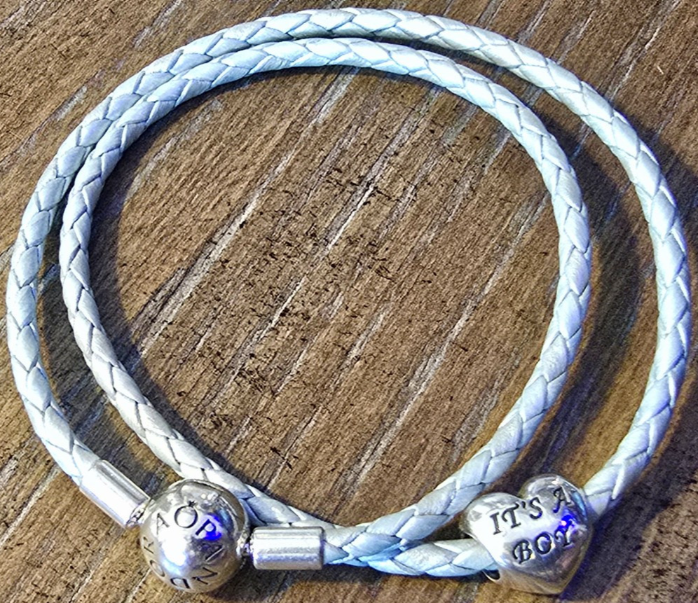 Pandora Light Blue Leather Bracelet with Retired Its A Boy Charm 925 Sterling Silver