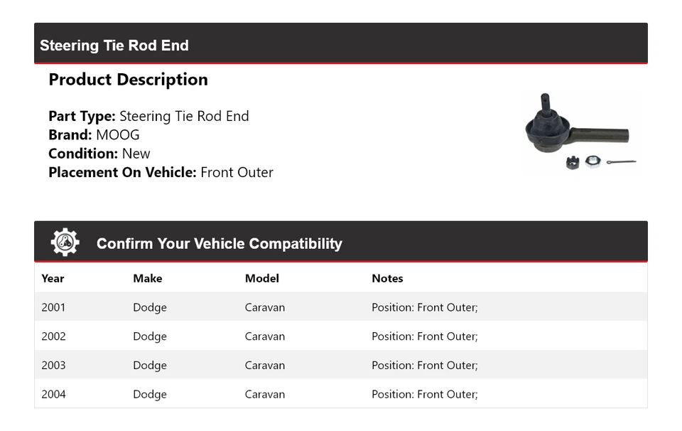 适用于 2001 - 2004 年道奇 Caravan 转向领带杆端前外 MOOG 2001 2002 2003 — 第 2/4 张图片