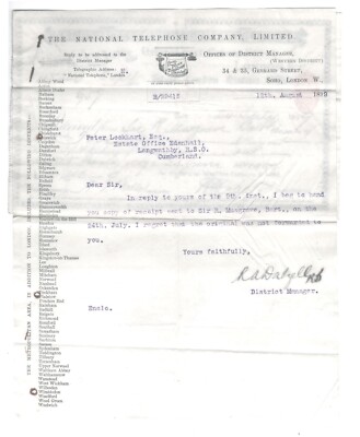 Eine Quittung der National Telephone Company, limitiert, 1899