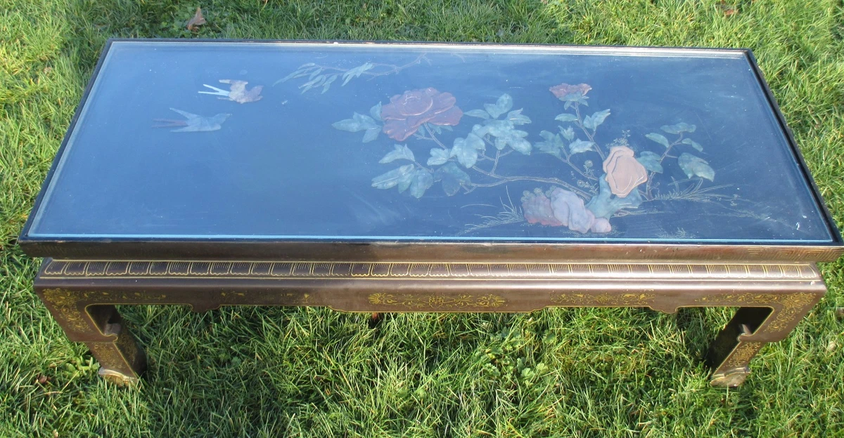 Antique 19th Century Chinese Coffee table Inlay Jade Landscape