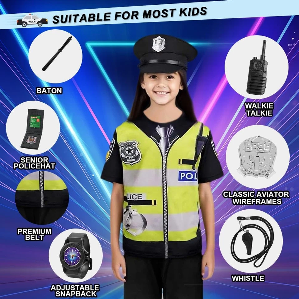 Police Deguisement Enfant, 11Pcs Policier Costume Courte avec Chapeau - Photo 4/4