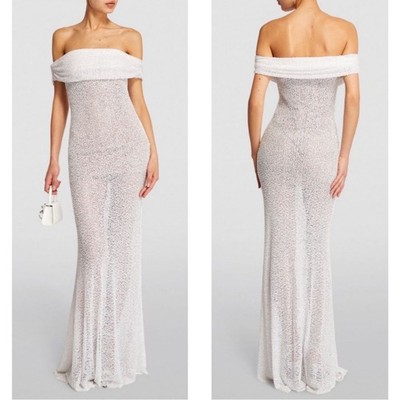 Self-Portrait White Beaded Off the Shoulder Sequin Embellished Maxi Dress Size 4