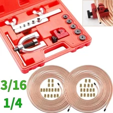 Brake Line Repair Kit 3/16 + 1/4 25 FT Copper Pipe Flaring Tool 32 Nuts Fittings