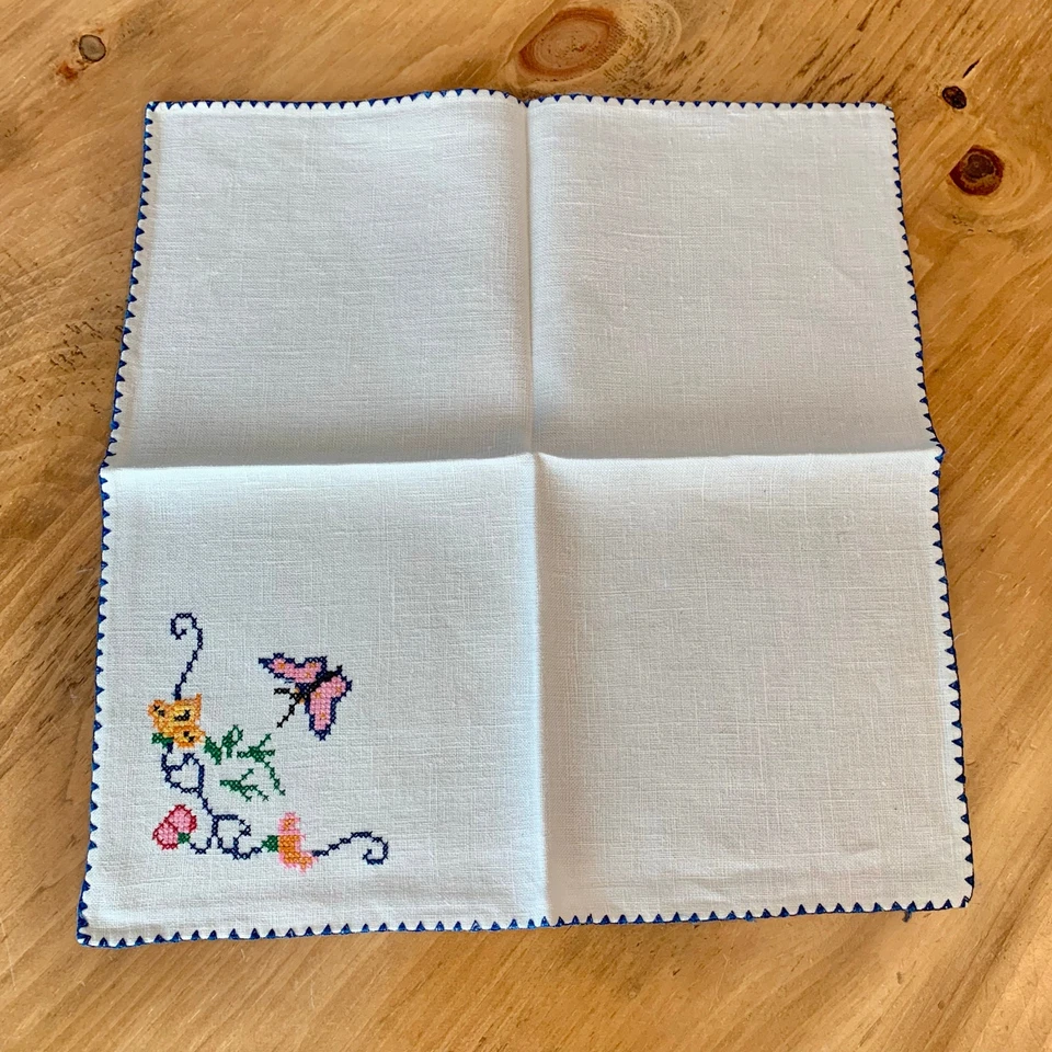Vintage Embroidered Cross Stitch Butterfly 6 Linen Blend Napkins Granny Chic - Image 3 of 4