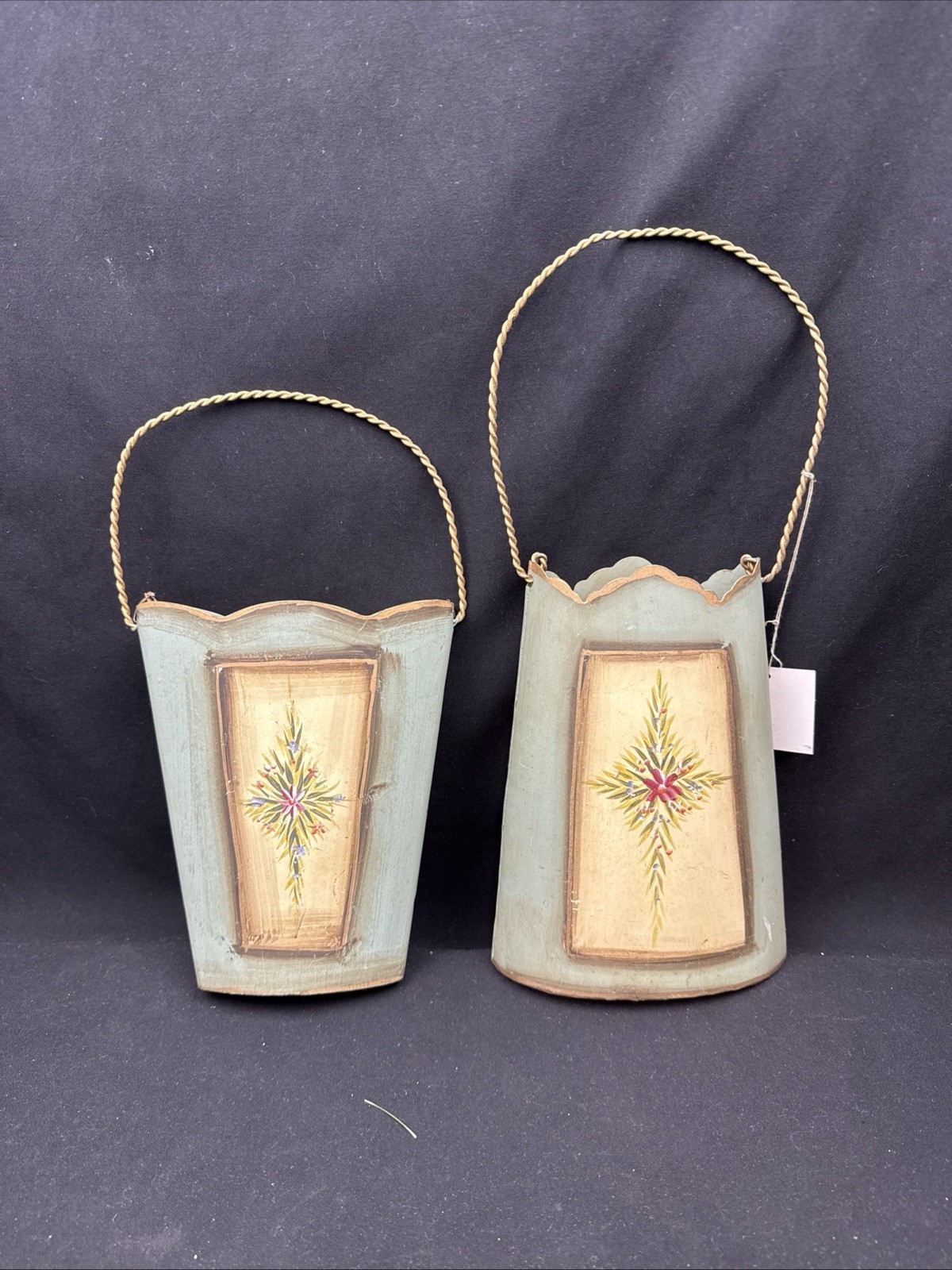 Wall Pocket Planters Sage & GOLD METAL PLANTER French Garden BASKET DECOR Pair!