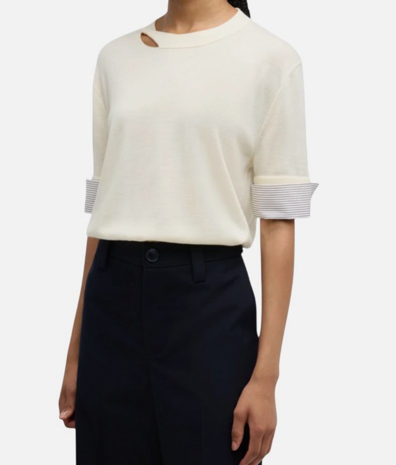 We-Ar4 Womens Ivory Wool Distressed Crewneck Contrast Cuff The Uptown Top Size S