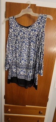 Gibson Latimer floral cold shoulder 3X flowing Cool Blue White Black blouse Top