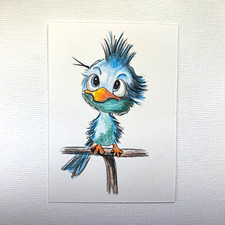 ACEO Original Art Card Blue Bird, Colored Pencil, Cute, Funny