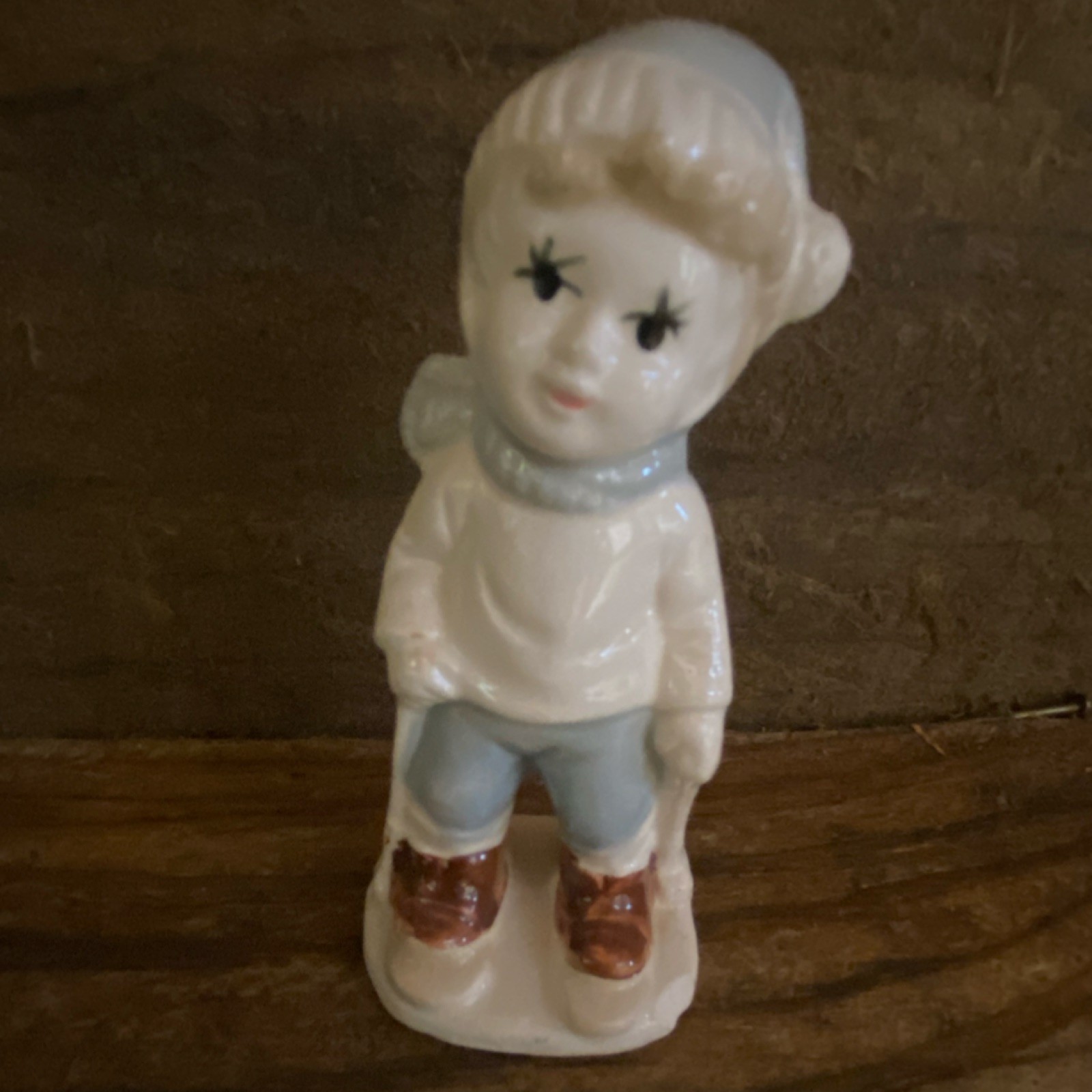 Ceramic Child Figurine Blue Hat Scarf Brown Shoes Hand Painted People Theme