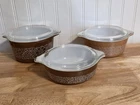 PYREX Woodland Brown Glass Mixing Bowls Set 472 473 474 w/ Lids