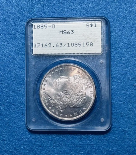 1885-O MORGAN SILVER DOLLAR PCGS MS63 UNC IN OLD RATTLER HOLDER BRILLIANT COIN
