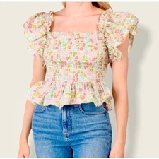 Anthropologie Love the Label Ines Floral Ivory Ruched Crop Smocked Bodice Tank S