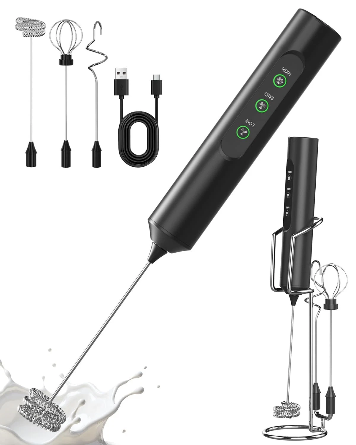 Rechargeable Milk Frother Handheld with 3 Speed, 3 Detachable Whisks with Sta...