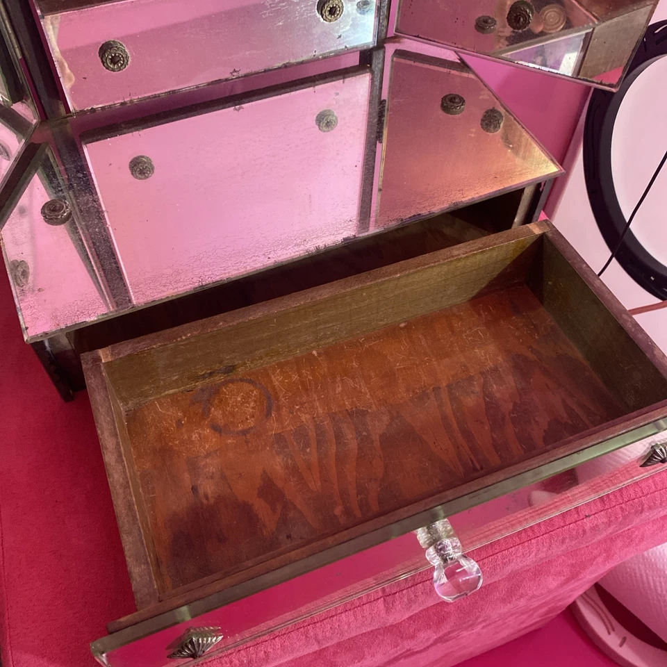 Espejo tocador antiguo triple plegable Art Deco vintage sin marco con cajón Foto 4 de 4