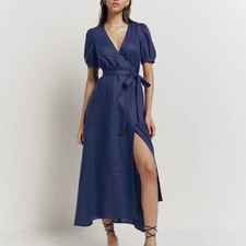 Reformation Size Medium Weiss Linen Navy Blue Wrap Dress