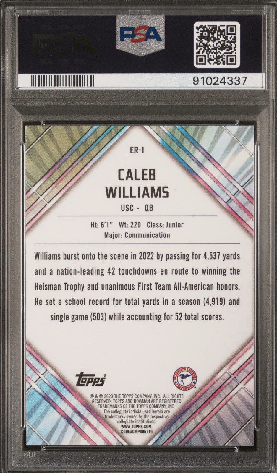 2023 Bowman U Chrome U/D Early Risers Caleb Williams #ER1 USC Trojans PSA 7 view 2