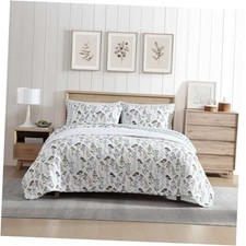 - Quilt Set, Reversible Cotton Bedding with Matching King Flower Field Green