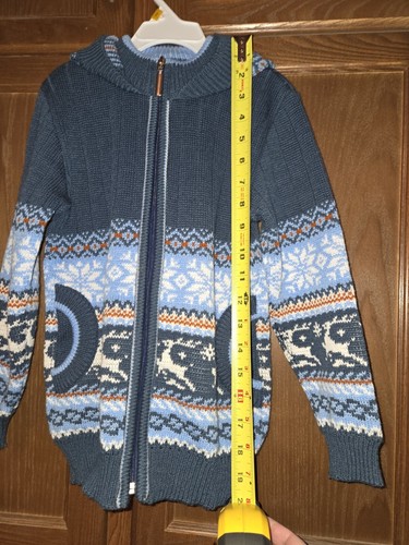 Kids Fair Isle Sweater Size 6-7 Blue Unique Hooded Zipped Cardigan - Picture 6 of 8