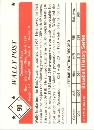 1979 TCMA STARS OF THE 50'S - #90 WALLY POST CINCINNATI REDS - Afbeelding 2 van 2
