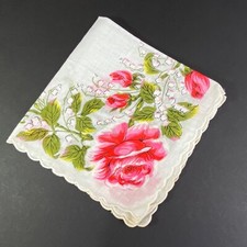 Pink Roses  Snowdrops Floral Handkerchief Hankie Scalloped Edges Cotton 14x14"