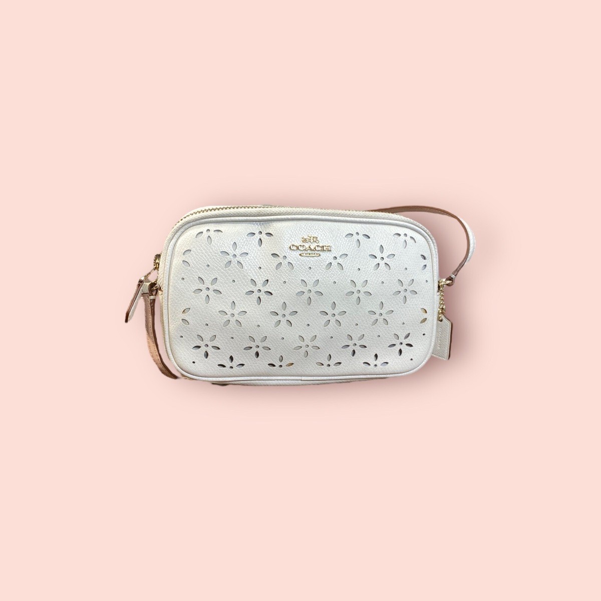 COACH Laser Cut Chalk Glitter Leather Crossbody Pouch Handbag