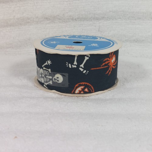 Offray Halloween Ribbon 10ft Skeleton Pumpkin Spider Black White Orange Vintage  - Picture 1 of 4