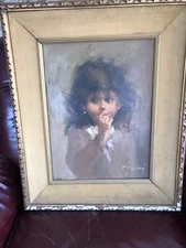 Framed Artwork Mid Century Girl Painted 1960's