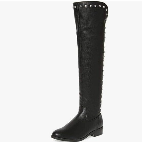 Black Knee High Winter Riding Boots Pull On Round Toe Low Heel Studded Zip Boot