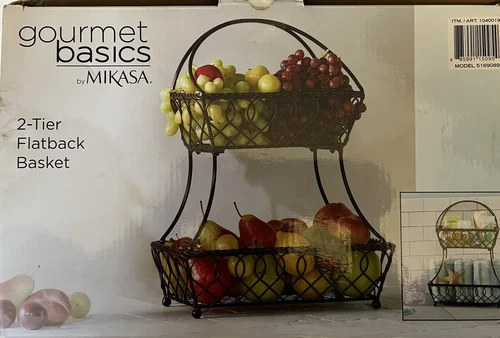 Gourmet Basics Mikasa 2 Tier Loop Pattern Flatback Wire Basket Antique Black NIB
