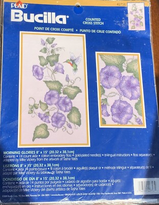 New Counted Cross Stitch Kit Morning Glories Hummingbird Bucilla 42758 8'' x 15''