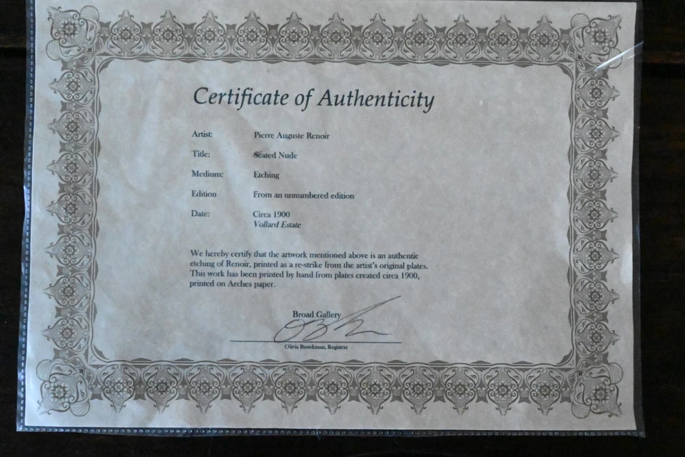 Bellas Artes PIERRE AUGUSTE RENOIR Grabado Impresión Enmarcada Certificado de Autenticidad  Foto 4 de 4