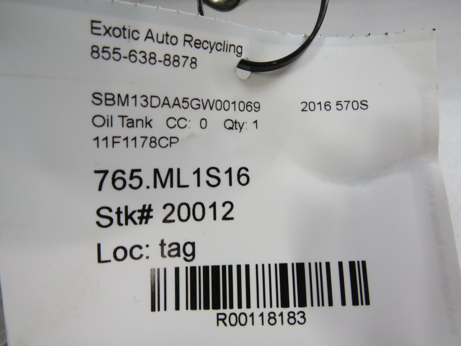 McLaren 570S, Oil Tank, Used, P/N 11F1178CP