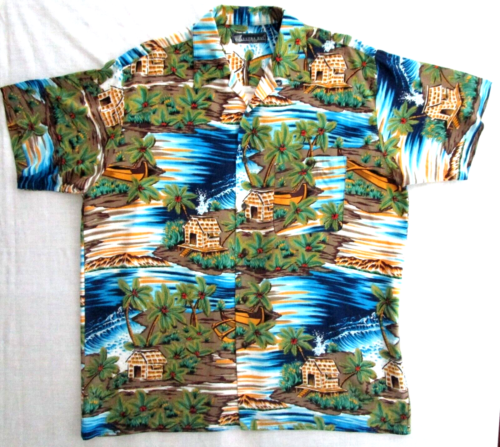 Vintage Ultra Bay Rayon Hawaiian Shirt, Men's size M, Palm Trees, Thatched Huts - Foto 1 di 4