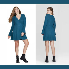 NWT Xhilaration Long Sleeve Sweater Knit Wrap Dress Teal [ SZ Small ] #3688