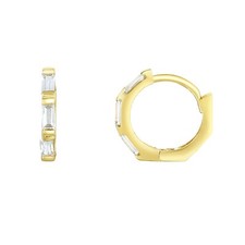 Cute Small Hinged Huggie Hoop Earrings Baguette CZ Stones Real 14K Yellow Gold